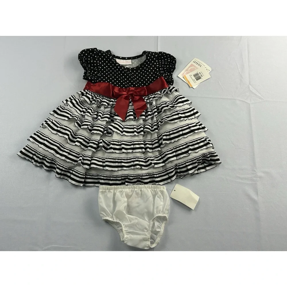 NWT Bonnie Baby 12M Polka Dot Ruffle Dress Red Bow Holiday Pageant Outfit